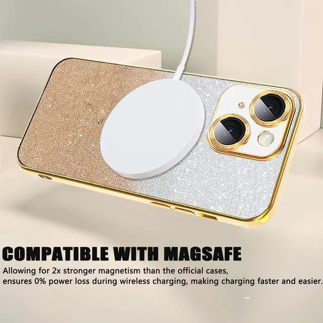Alt view image 4 of 7 - for iPhone 14 Magnetic Glitter Case Compatible with MagSafe,Full Protection Slim Shockproof Anti-Scratch Case with Camera Lens Protector Logo View Dust-Proof Net for Women Gold