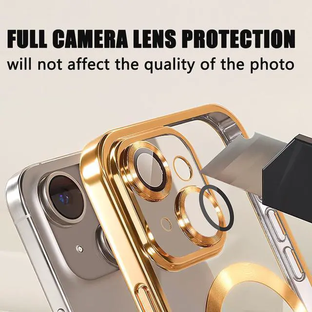 Alt view image 5 of 7 - for iPhone 14 Magnetic Glitter Case Compatible with MagSafe,Full Protection Slim Shockproof Anti-Scratch Case with Camera Lens Protector Logo View Dust-Proof Net for Women Gold