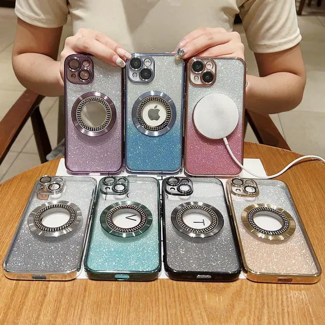 Alt view image 7 of 7 - for iPhone 14 Magnetic Glitter Case Compatible with MagSafe,Full Protection Slim Shockproof Anti-Scratch Case with Camera Lens Protector Logo View Dust-Proof Net for Women Gold
