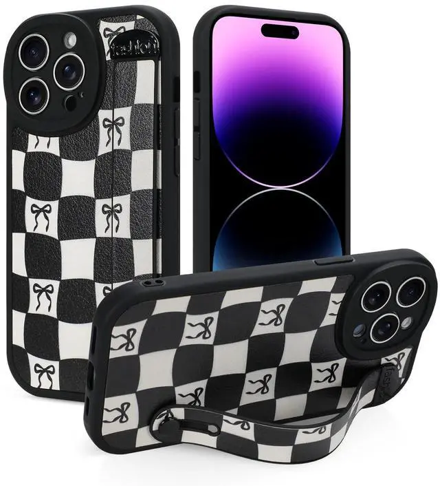 Main image of Compatible with iPhone 14 Pro Max Case with Strap, Classic Checkered Checkerboard Bow Phone Case with Finger Strap Kickstand, Shockproof Protective Cover, Black Checkered Bow