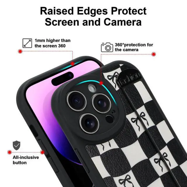 Alt view image 2 of 6 - Compatible with iPhone 14 Pro Max Case with Strap, Classic Checkered Checkerboard Bow Phone Case with Finger Strap Kickstand, Shockproof Protective Cover, Black Checkered Bow