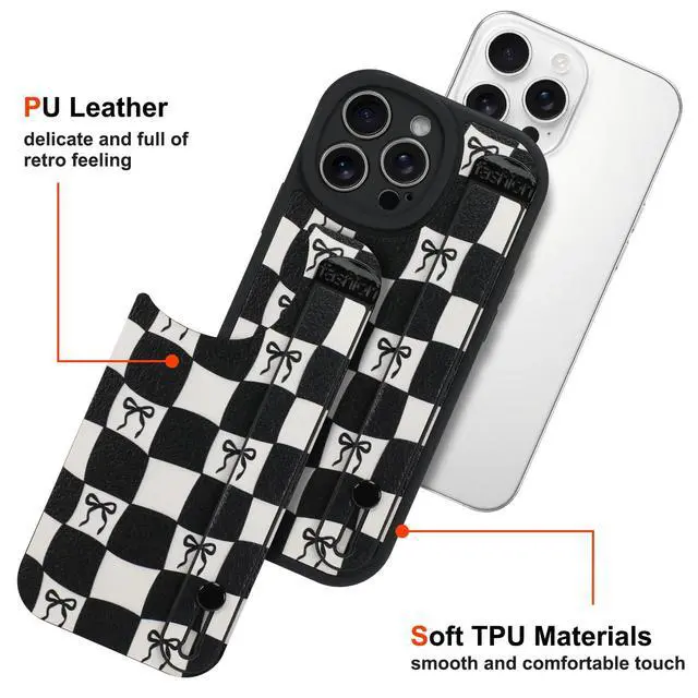 Alt view image 3 of 6 - Compatible with iPhone 14 Pro Max Case with Strap, Classic Checkered Checkerboard Bow Phone Case with Finger Strap Kickstand, Shockproof Protective Cover, Black Checkered Bow