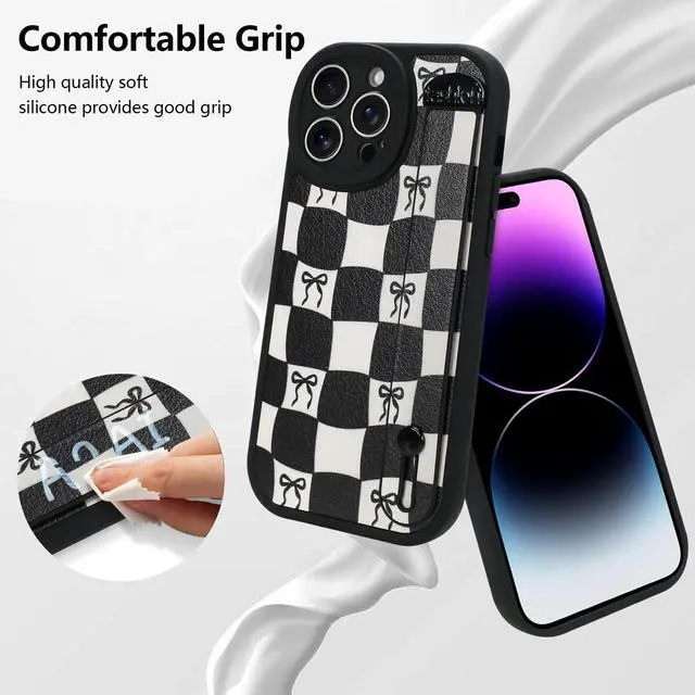 Alt view image 4 of 6 - Compatible with iPhone 14 Pro Max Case with Strap, Classic Checkered Checkerboard Bow Phone Case with Finger Strap Kickstand, Shockproof Protective Cover, Black Checkered Bow