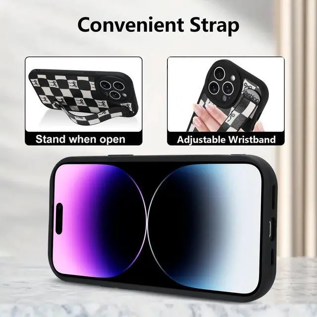 Alt view image 5 of 6 - Compatible with iPhone 14 Pro Max Case with Strap, Classic Checkered Checkerboard Bow Phone Case with Finger Strap Kickstand, Shockproof Protective Cover, Black Checkered Bow