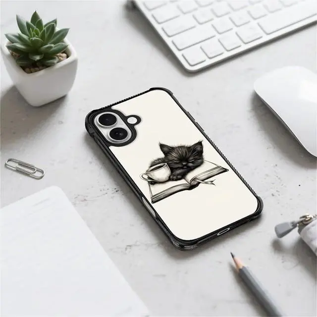 Alt view image 3 of 7 - for iPhone 17 Case,for MagSafe Graphic Design for Girl Boy Soft Silicone Hard Acrylic Shock Protection Designed for iPhone 17 Cat Read Book Drink Coffee Pattern