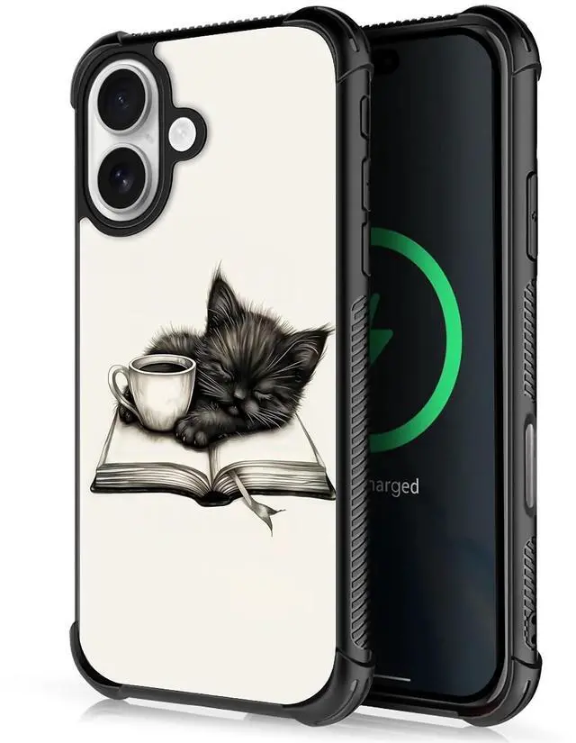 Main image of for iPhone 17 Case,for MagSafe Graphic Design for Girl Boy Soft Silicone Hard Acrylic Shock Protection Designed for iPhone 17 Cat Read Book Drink Coffee Pattern