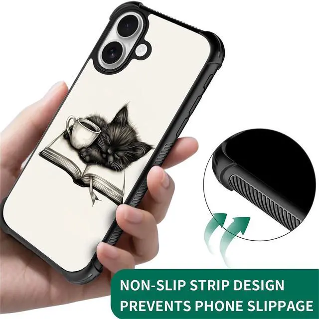 Alt view image 4 of 7 - for iPhone 17 Case,for MagSafe Graphic Design for Girl Boy Soft Silicone Hard Acrylic Shock Protection Designed for iPhone 17 Cat Read Book Drink Coffee Pattern