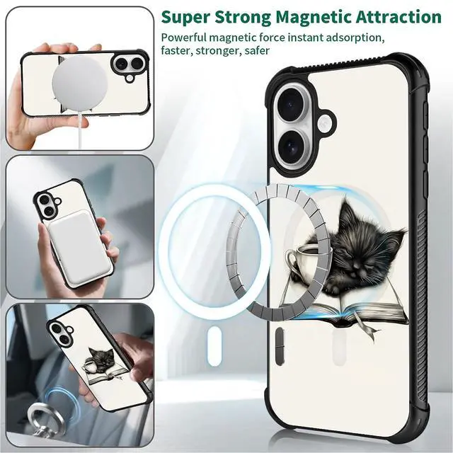 Alt view image 5 of 7 - for iPhone 17 Case,for MagSafe Graphic Design for Girl Boy Soft Silicone Hard Acrylic Shock Protection Designed for iPhone 17 Cat Read Book Drink Coffee Pattern