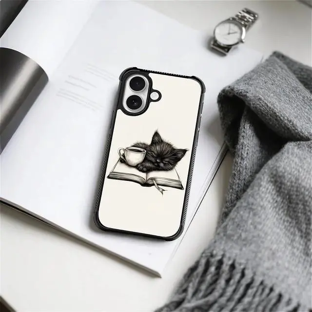 Alt view image 6 of 7 - for iPhone 17 Case,for MagSafe Graphic Design for Girl Boy Soft Silicone Hard Acrylic Shock Protection Designed for iPhone 17 Cat Read Book Drink Coffee Pattern