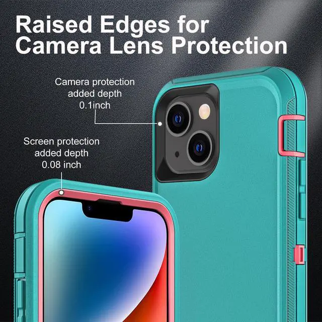Alt view image 3 of 6 - for iPhone 13 Case/iPhone 14 Case, Military Grade 3 in 1 Heavy Duty Shockproof/Drop Proof/Dust Proof Case with 2Pcs Tempered Glass Screen Protector (Aqua Blue/Pink)