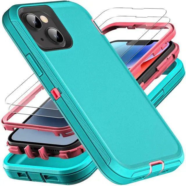 Main image of for iPhone 13 Case/iPhone 14 Case, Military Grade 3 in 1 Heavy Duty Shockproof/Drop Proof/Dust Proof Case with 2Pcs Tempered Glass Screen Protector (Aqua Blue/Pink)