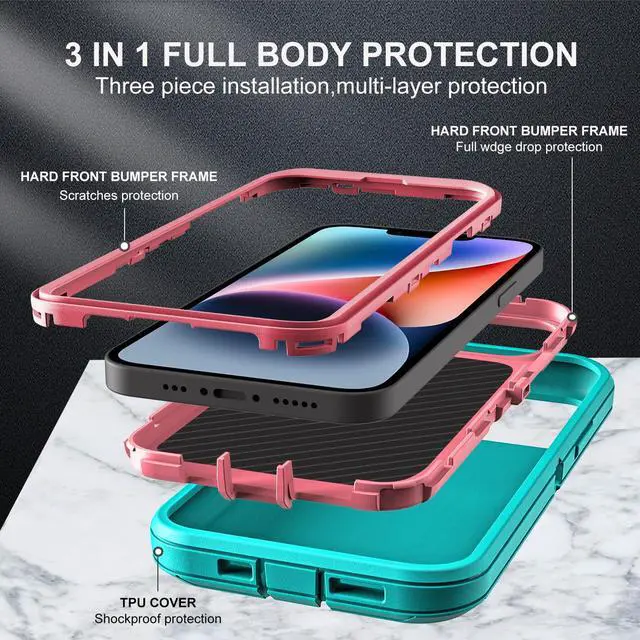 Alt view image 4 of 6 - for iPhone 13 Case/iPhone 14 Case, Military Grade 3 in 1 Heavy Duty Shockproof/Drop Proof/Dust Proof Case with 2Pcs Tempered Glass Screen Protector (Aqua Blue/Pink)