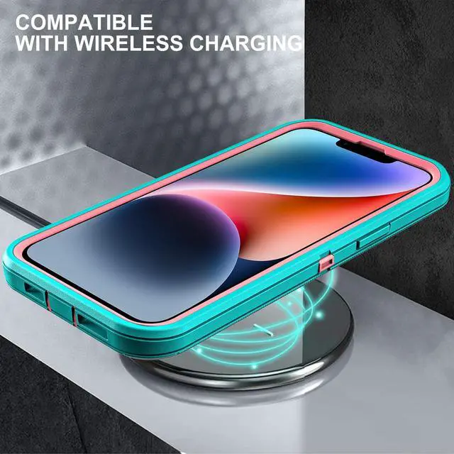 Alt view image 6 of 6 - for iPhone 13 Case/iPhone 14 Case, Military Grade 3 in 1 Heavy Duty Shockproof/Drop Proof/Dust Proof Case with 2Pcs Tempered Glass Screen Protector (Aqua Blue/Pink)