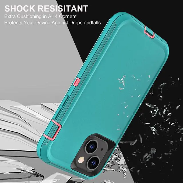 Alt view image 5 of 6 - for iPhone 13 Case/iPhone 14 Case, Military Grade 3 in 1 Heavy Duty Shockproof/Drop Proof/Dust Proof Case with 2Pcs Tempered Glass Screen Protector (Aqua Blue/Pink)