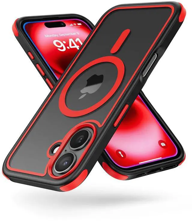 Main image of for iPhone 16 Case, Compatible with MagSafe, Crystal Clear Case with Magnetic Ring, Multicolor Protective Shockproof Bumpers, Not Yellowing Slim Cover for Men Women - Black/Red