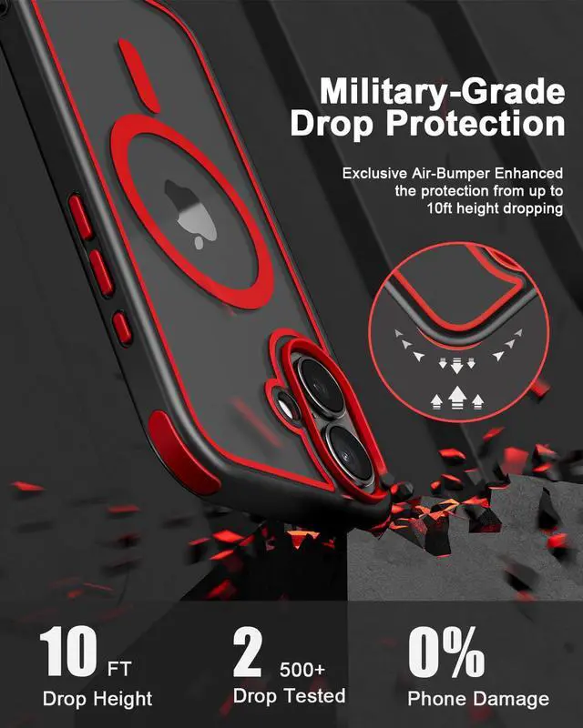 Alt view image 3 of 7 - for iPhone 16 Case, Compatible with MagSafe, Crystal Clear Case with Magnetic Ring, Multicolor Protective Shockproof Bumpers, Not Yellowing Slim Cover for Men Women - Black/Red