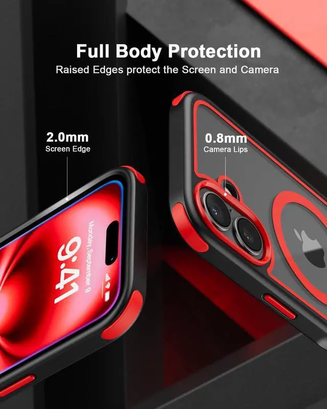 Alt view image 4 of 7 - for iPhone 16 Case, Compatible with MagSafe, Crystal Clear Case with Magnetic Ring, Multicolor Protective Shockproof Bumpers, Not Yellowing Slim Cover for Men Women - Black/Red
