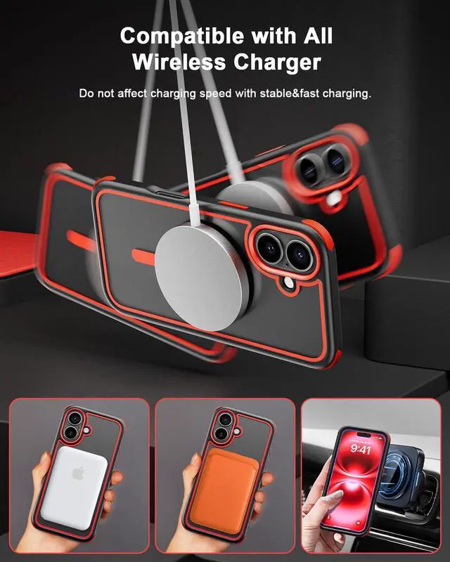 Alt view image 2 of 7 - for iPhone 16 Case, Compatible with MagSafe, Crystal Clear Case with Magnetic Ring, Multicolor Protective Shockproof Bumpers, Not Yellowing Slim Cover for Men Women - Black/Red