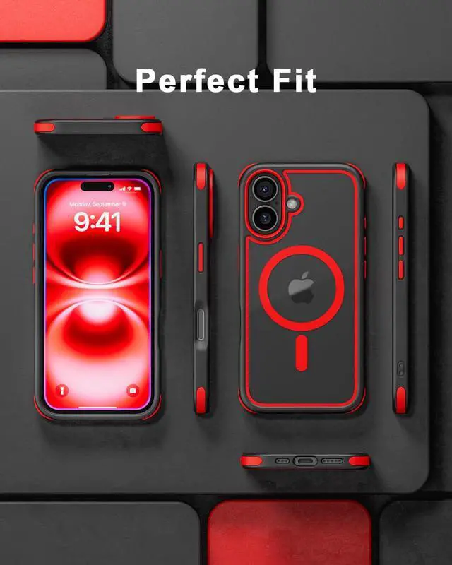 Alt view image 5 of 7 - for iPhone 16 Case, Compatible with MagSafe, Crystal Clear Case with Magnetic Ring, Multicolor Protective Shockproof Bumpers, Not Yellowing Slim Cover for Men Women - Black/Red