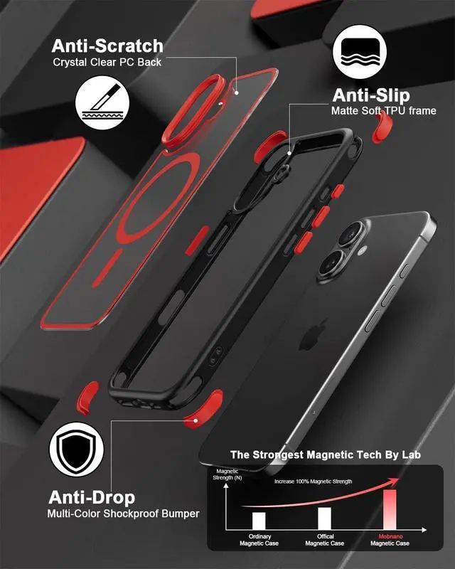 Alt view image 6 of 7 - for iPhone 16 Case, Compatible with MagSafe, Crystal Clear Case with Magnetic Ring, Multicolor Protective Shockproof Bumpers, Not Yellowing Slim Cover for Men Women - Black/Red