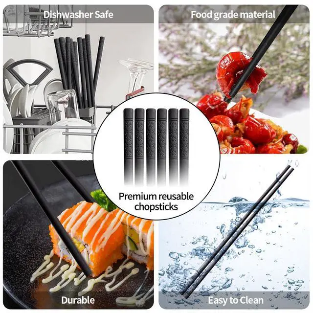 Alt view image 5 of 7 - 10 Pairs Fiberglass Chopsticks, Reusable Alloy Chop Sticks Non-slip Chopsticks, Dishwasher, 9 1/2 Inches