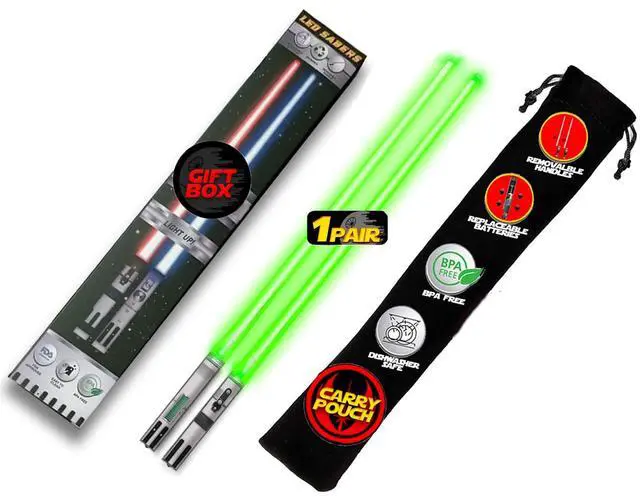 Main image of LIGHTSABER CHOPSTICKS LIGHT UP STAR WARS LED Glowing Light Saber Chop Sticks REUSABLE Sushi Removable Handle Dishwasher Safe Green 1 Pair