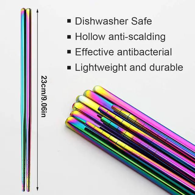 Alt view image 4 of 6 - Stainless Steel Chopsticks Reusable Multicolor Lightweight 304 Metal Chopsticks Dishwasher Safe - 5 Pairs (Rainbow)