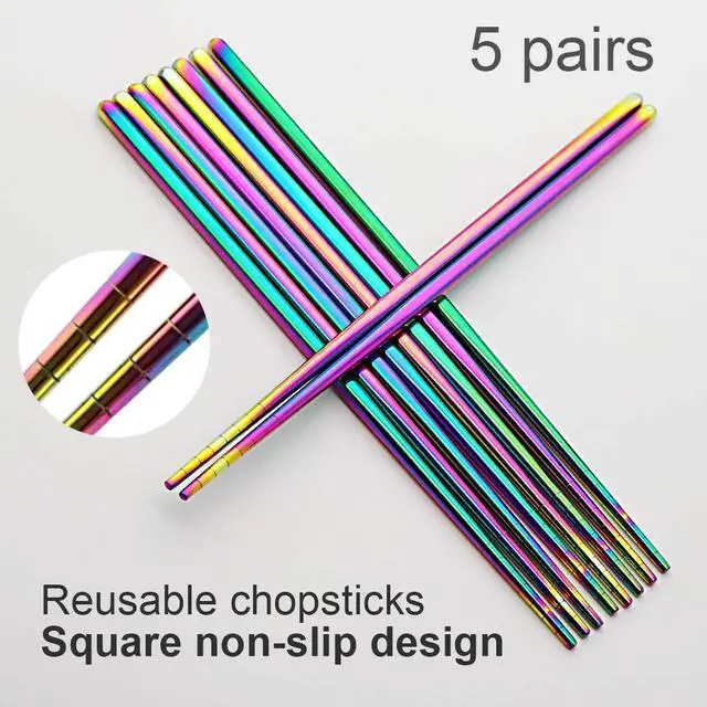 Alt view image 6 of 6 - Stainless Steel Chopsticks Reusable Multicolor Lightweight 304 Metal Chopsticks Dishwasher Safe - 5 Pairs (Rainbow)