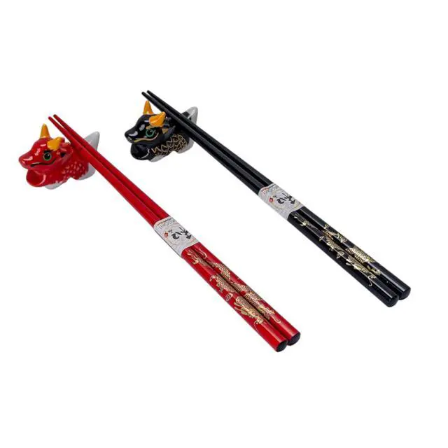 Alt view image 2 of 4 - 2 Pair Japanese Asian Bamboo Chopsticks Set with Chopsticks Rest Double Pairs In Gift Box Packaging (Oriental Dragon)