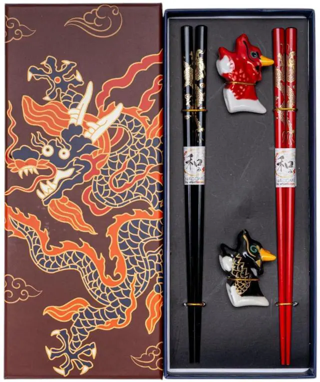 Main image of 2 Pair Japanese Asian Bamboo Chopsticks Set with Chopsticks Rest Double Pairs In Gift Box Packaging (Oriental Dragon)