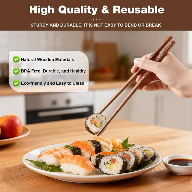 Alt view image 2 of 6 - 10 Pairs Dragon and Phoenix Chopsticks, Reusable Chopsticks Dishwasher Safe, Ideal for Asian Dishes Sushi, Rice, Noodles
