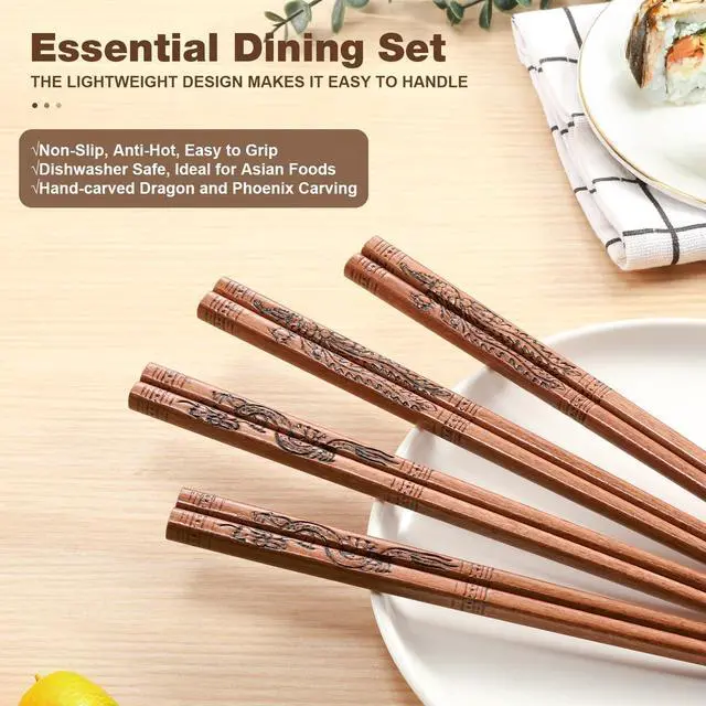 Alt view image 3 of 6 - 10 Pairs Dragon and Phoenix Chopsticks, Reusable Chopsticks Dishwasher Safe, Ideal for Asian Dishes Sushi, Rice, Noodles