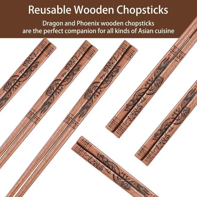 Alt view image 6 of 6 - 10 Pairs Dragon and Phoenix Chopsticks, Reusable Chopsticks Dishwasher Safe, Ideal for Asian Dishes Sushi, Rice, Noodles