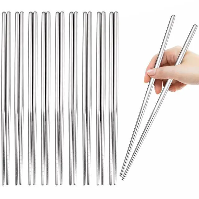 Main image of 10 Pairs Chopstick Set Stainless Steel 304 Silver Reusable Chop Sticks Lightweight Metal Tableware Square Non-Slip Dishwasher Safe Kitchen Dinning Utensils Gift