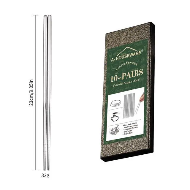 Alt view image 2 of 7 - 10 Pairs Chopstick Set Stainless Steel 304 Silver Reusable Chop Sticks Lightweight Metal Tableware Square Non-Slip Dishwasher Safe Kitchen Dinning Utensils Gift