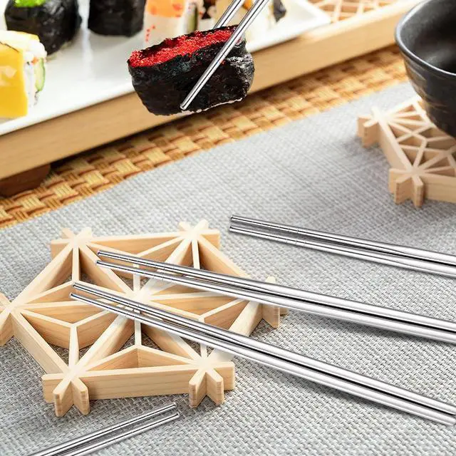 Alt view image 3 of 7 - 10 Pairs Chopstick Set Stainless Steel 304 Silver Reusable Chop Sticks Lightweight Metal Tableware Square Non-Slip Dishwasher Safe Kitchen Dinning Utensils Gift