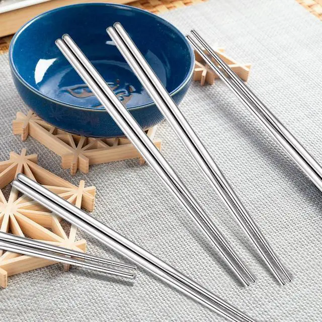 Alt view image 6 of 7 - 10 Pairs Chopstick Set Stainless Steel 304 Silver Reusable Chop Sticks Lightweight Metal Tableware Square Non-Slip Dishwasher Safe Kitchen Dinning Utensils Gift
