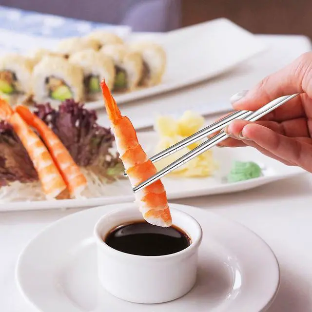 Alt view image 7 of 7 - 10 Pairs Chopstick Set Stainless Steel 304 Silver Reusable Chop Sticks Lightweight Metal Tableware Square Non-Slip Dishwasher Safe Kitchen Dinning Utensils Gift