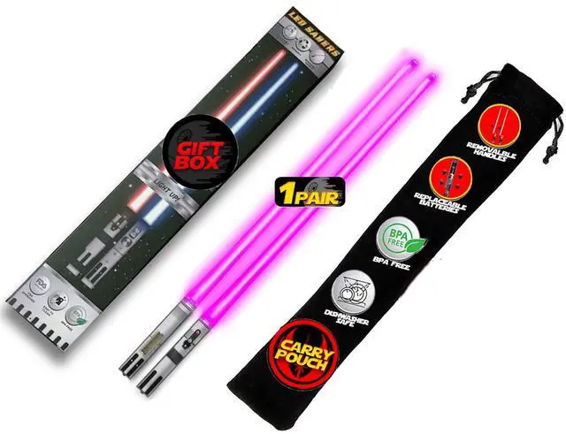Main image of LIGHTSABER TICKS LIGHT UP STAR WARS LED Glowing Light Saber Chop Sticks REUSABLE Sushi Lightup Removable Handle Dishwasher Safe - Premium GIFT BOX & CARRY CASE Included - PINK 1 Pair