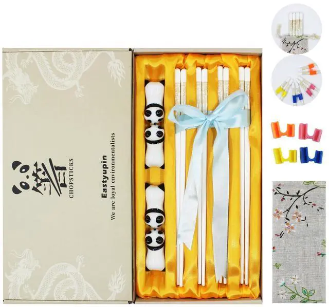 Main image of Reusable Ceramics Chopsticks 13-Piece Gift Set Dishwasher Safe 4 Pairs Snack Palillos Chinese Cooking Chop Sticks4 Panda Shaped Chopstick Holders 4 Chopstick Helper Suitable For Beginners