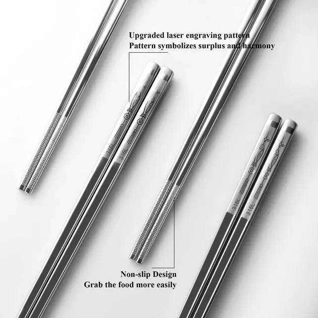 Alt view image 3 of 7 - Chopsticks Stainless Steel 316L UNS S31600 Metal Reusable Chipsticks Mirror Polished Smooth Edges Laser Engraved Non-slip Everlasting Abundance Pattern 5 Pairs Set Dishwasher Safe