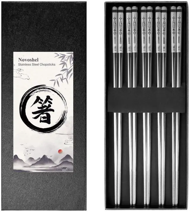 Main image of Chopsticks Stainless Steel 316L UNS S31600 Metal Reusable Chipsticks Mirror Polished Smooth Edges Laser Engraved Non-slip Everlasting Abundance Pattern 5 Pairs Set Dishwasher Safe