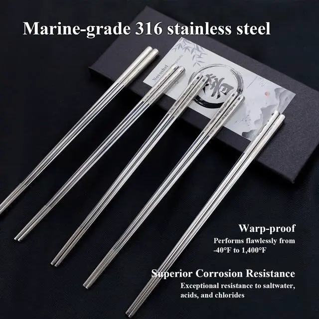 Alt view image 4 of 7 - Chopsticks Stainless Steel 316L UNS S31600 Metal Reusable Chipsticks Mirror Polished Smooth Edges Laser Engraved Non-slip Everlasting Abundance Pattern 5 Pairs Set Dishwasher Safe