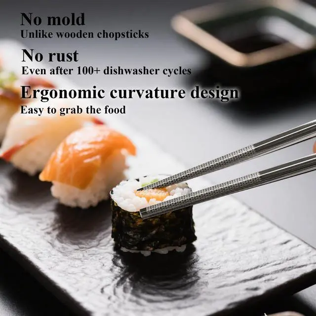 Alt view image 5 of 7 - Chopsticks Stainless Steel 316L UNS S31600 Metal Reusable Chipsticks Mirror Polished Smooth Edges Laser Engraved Non-slip Everlasting Abundance Pattern 5 Pairs Set Dishwasher Safe