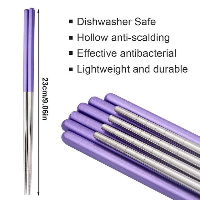 Alt view image 4 of 6 - Stainless Steel Chopsticks Reusable Multicolor Lightweight 304 Metal Chopsticks Dishwasher Safe - 5 Pairs (Purple)