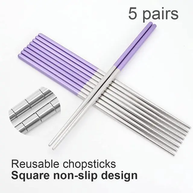 Alt view image 5 of 6 - Stainless Steel Chopsticks Reusable Multicolor Lightweight 304 Metal Chopsticks Dishwasher Safe - 5 Pairs (Purple)