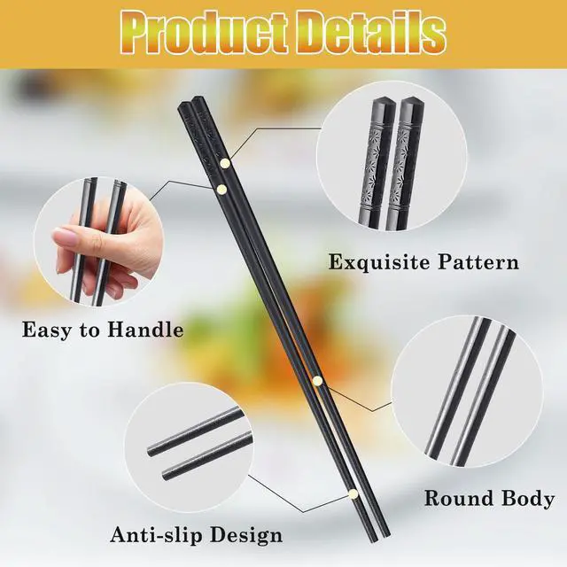 Alt view image 3 of 7 - 20 Pairs Fiberglass Chopsticks, Reusable Non-Slip Chopsticks for Chinese & Japanese Food, Dishwasher Safe (9.4 inch Black)