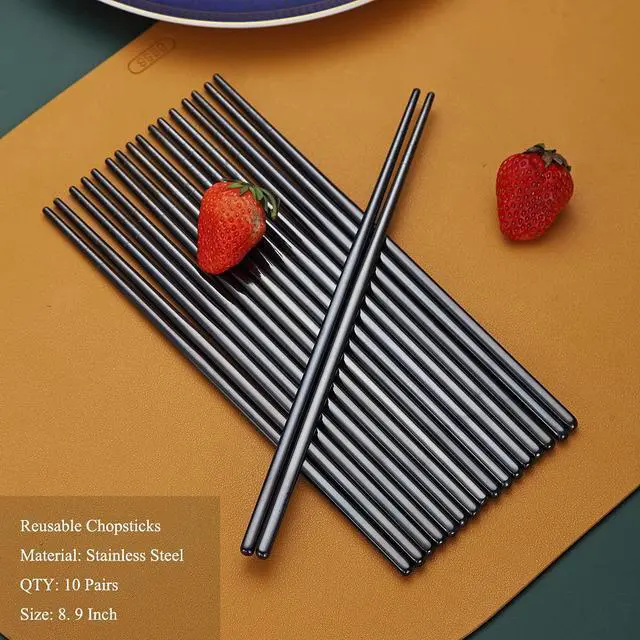 Alt view image 2 of 7 - 10 Pairs Reusable Chopsticks, Titanium Black Plating Stainless Steel Metal Chop Sticks, Japanese Chinese Korean Chopstick Dishwasher Safe, 8.9 Inch (Black / Chop sticks)