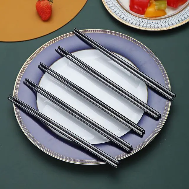 Alt view image 3 of 7 - 10 Pairs Reusable Chopsticks, Titanium Black Plating Stainless Steel Metal Chop Sticks, Japanese Chinese Korean Chopstick Dishwasher Safe, 8.9 Inch (Black / Chop sticks)