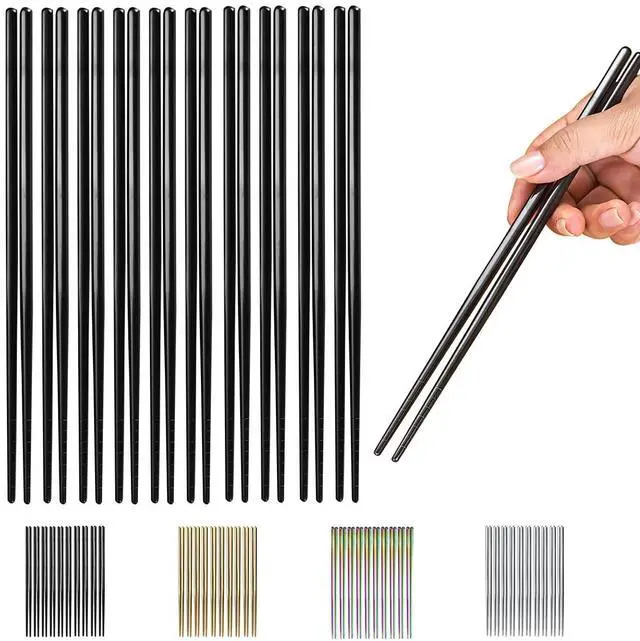 Main image of 10 Pairs Reusable Chopsticks, Titanium Black Plating Stainless Steel Metal Chop Sticks, Japanese Chinese Korean Chopstick Dishwasher Safe, 8.9 Inch (Black / Chop sticks)